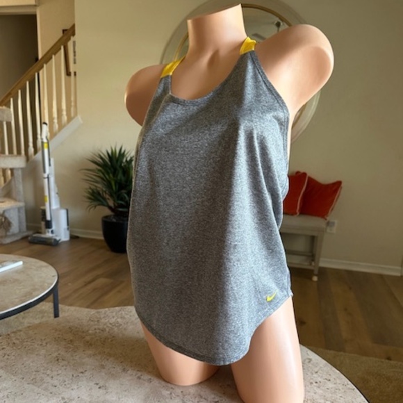 Nike Dri Fit "Just Do It" racer back women's  tank top MEDIUM gray/yellow NWOT - Picture 1 of 7